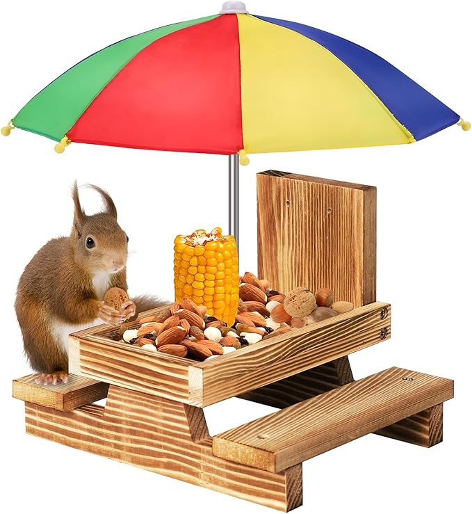 Gnodary Squirrel Feeder with Umbrella, Squirrel Feeders for Outside, Squirrel Picnic Table Feeder - Chipmunk Feeder Hold Corn, Corn Cob, Peanuts Style2 (Red)