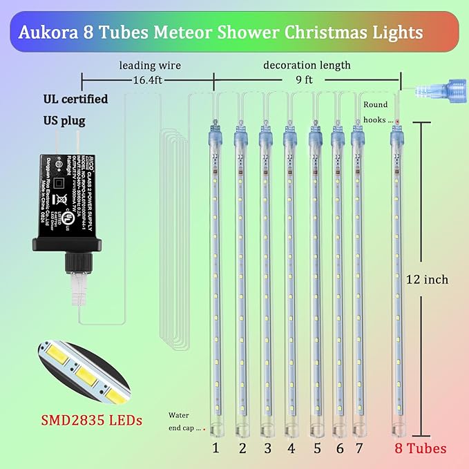 Aukora Christmas Lights Outdoor Meteor Shower Falling Rain Lights 12 inch 8 Tubes 192LED Snowfall Cascading Icicle String Light for Xmas Tree Decor Wedding Party Holiday Window Garden, UL Plug, White
