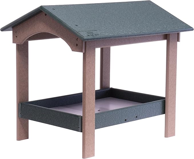 AmishToyBox.com Ground Bird Feeder, Deluxe Fly-Through Covered Feeder for Birds and Squirrels with Screen Mesh Tray (Turf Green/Weathered Wood)