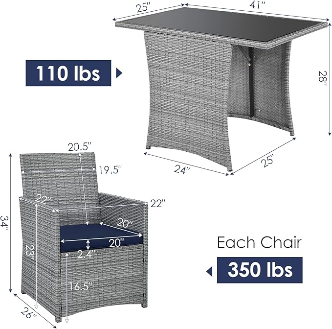 Tangkula 3 Pieces Patio Dining Set, Patiojoy Space-Saving PE Rattan Bistro Set with Tempered Glass Top Table and Cushioned Chairs, Outdoor Conversation Set for Garden, Backyard, Poolside, Porch