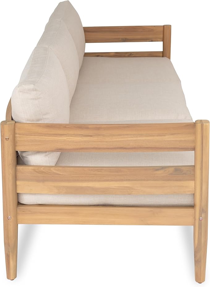 Christopher Knight Home Kavets 76.25'' W Outdoor 3 Seater Sofa with 5" Cushion, Acacia Wood Patio Sofa, Modern Slat Panel Bench, Spacious Seating Couch for Backyard Garden Porch, Light Teak+Beige