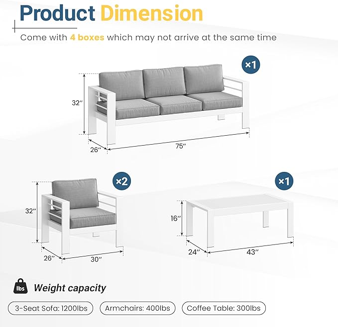 Solaste Aluminum Patio Furniture Set for All Weather, Oversized Metal Outdoor Furniture Set with 27.5" Deep Seat and 3.2" Wide Armrest, Outdoor Patio Conversation Sets with 10" Back Cushion, White