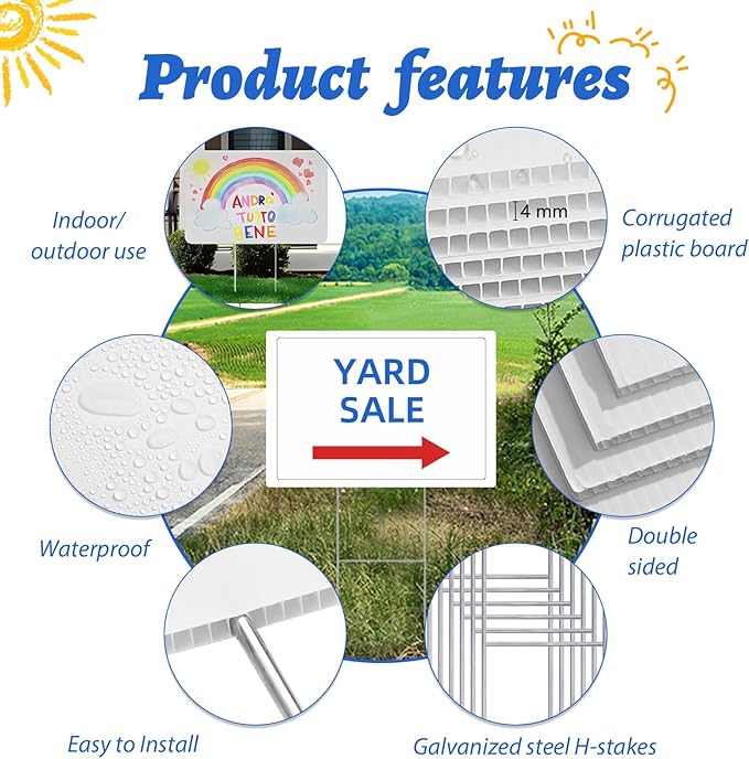 Blank Yard Signs with Stakes, GRS Certified 2 Pack 17x12 Inches Corrugated Plastic Lawn Signs Sheets, Double Sided Custom Sign for Home Front Door Outdoor, for Sale, Garage Sale, Yard Sale