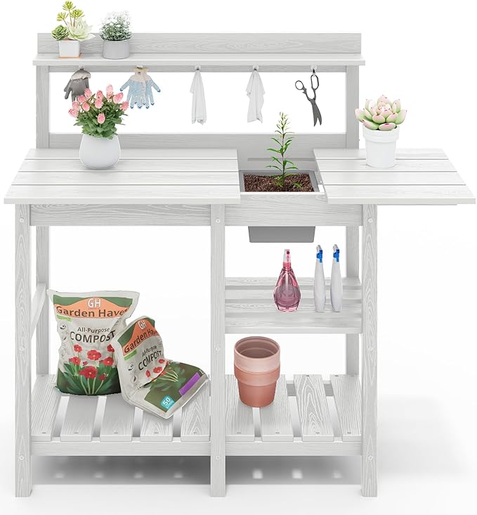 SERWALL Outdoor Potting Bench with Removeable Sink,Rot-Resistant HDPE Potting Table for Outside Gardening, All Weather Use - White