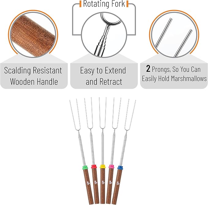 UNCO- Marshmallow Roasting Sticks, 32”, 5 Pack, Dark Brown Wooden Handle, Extendable Stainless Steel Smores Sticks for Fire Pit, Smores Skewers, Campfire Cooking Equipment