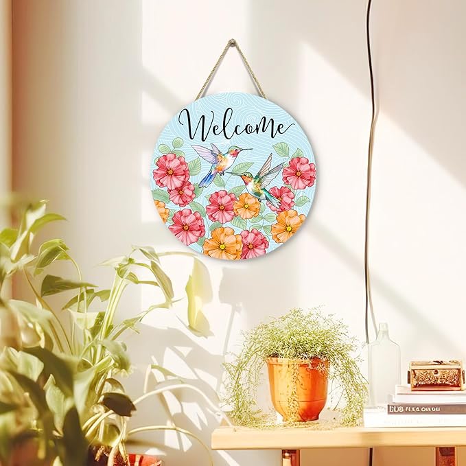 Summer Hummingbird Welcome Door Sign Floral Birds Sign for Front Door Wall Decor Summer Flower Wooden Door Hanger Seasonal Wreath Farmhouse Hanging Home Outdoor Decorations 12 Inch