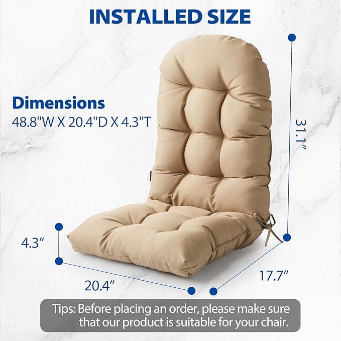 Adirondack Chair Cushion, High Back Patio Cushions with Adjustable Ties, 48.8 x 20.4 x 4.3, Waterproof Tufted Pillow, Fade Resistant Seat Rocking Chair Cushion for Indoor/Outdoor, Khaki, 2