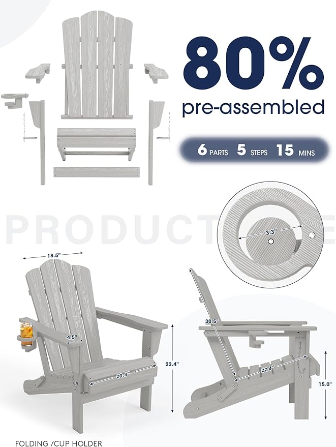 KINGYES Folding Adirondack Chair Set of 8, HDPE All-Weather Patio Chairs with Cup Holder, Wooden Textured Fire Pit Chairs for Poolside, Backyard, Deck, Silver Grey