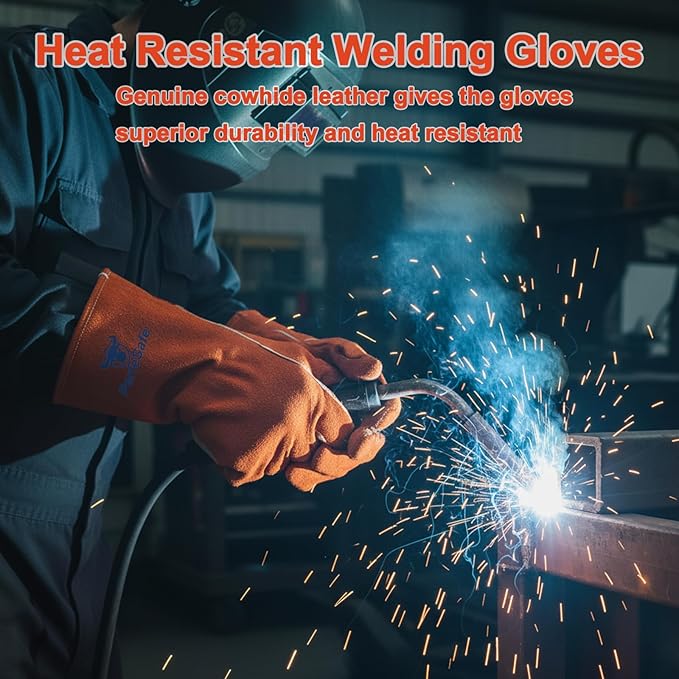 Welding Gloves 14 Inches, 932℉ Heat Fire Resistant Leather Welding Gloves for Tig/Mig/Stick, Mitts for BBQ/Oven/Grill/Fireplace/Furnace/Stove/Animal Handling Gloves with Soft Lining (Red)