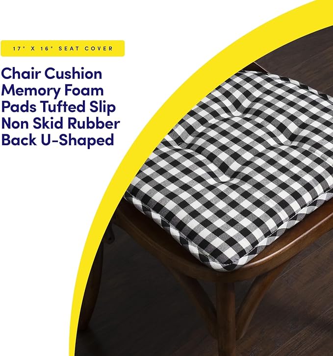 Sweet Home Collection Chair Cushion Memory Foam Pads Tufted Slip Non Skid Rubber Back U-Shaped 17" x 16" Seat Cover, 6 Pack, Checkered Black/White, Pack of 6