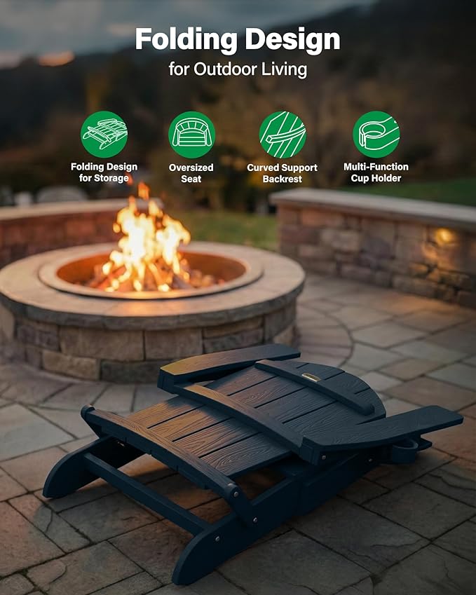 YEFU Adirondack Chair, Oversized Plastic Adirondack Chair Folding Outdoor Chairs with Cup Holder, Lawn Chair with Weather Resistant for Outside Deck Lawn Garden, Weight Capacity Up to 400 Lbs –Navy