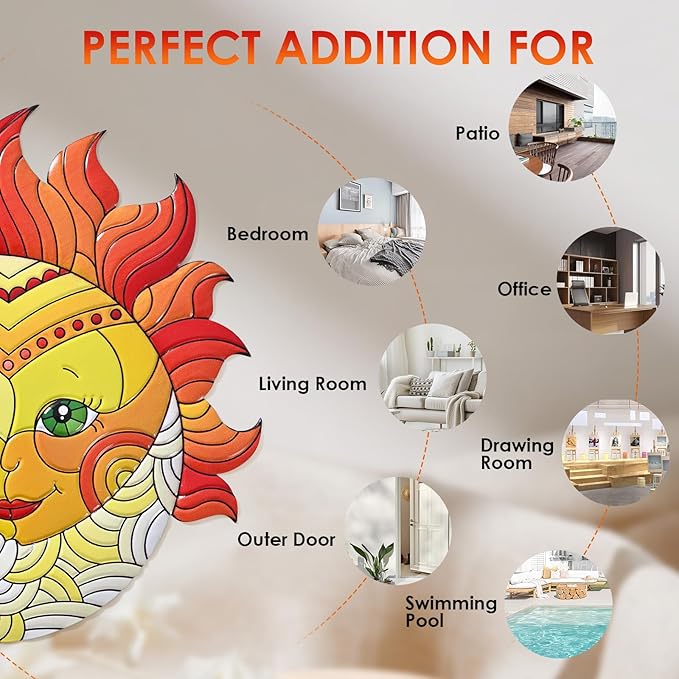 Metal Sun Wall Art Decor,13inches Sun Wall Art Hanging Decoration for Indoor and Outdoor for Room Garden Porch Fence Balcony Patio Decor