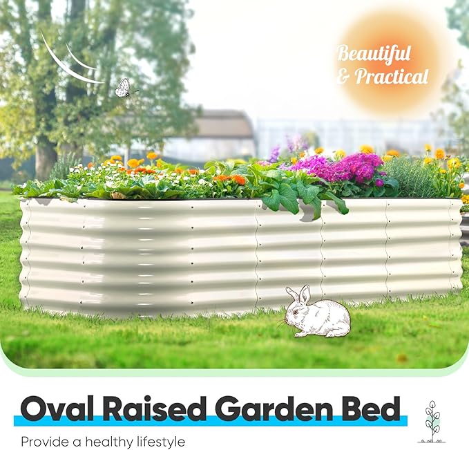 Quictent Galvanized Raised Garden Bed Kit, 6x3x2 ft Oval Metal Planter Box Tall for Vegetables Outdoor Backyard, Rubber Strip Edging Included, Beige