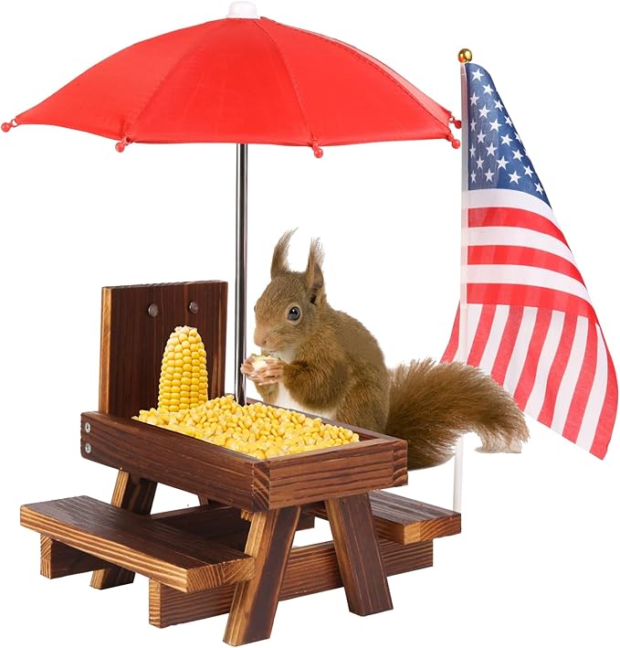 Wooden Squirrel Picnic Table Feeder – Handcrafted Outdoor Wildlife Feeder with Corn Spike, Easy Mounting for Backyard & Garden, Weather-Resistant Feeder for Squirrels, Birds, and Wildlife