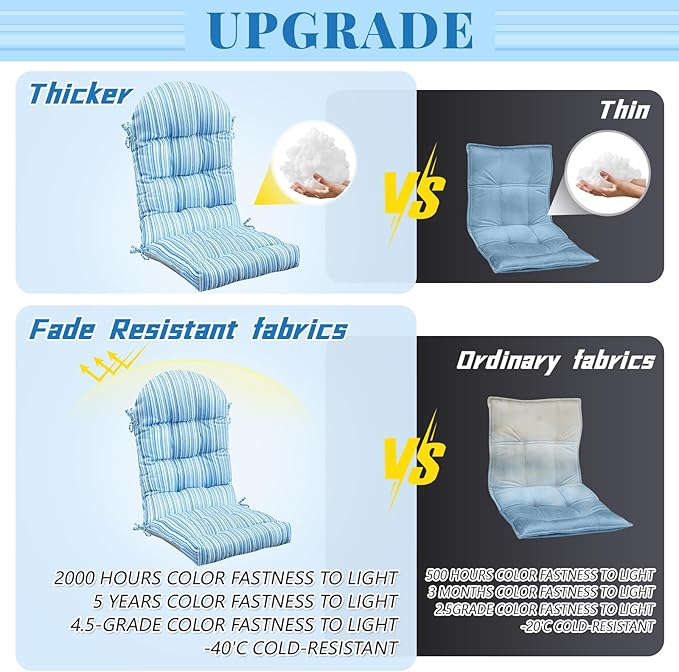Geelin 4 Pcs Adirondack Chair Cushion High Back Patio Rocking Chair Cushion 44 x 19 x 4 Inch Tufted Weather Resistant Fade Resistant Seat for Patio Rocking Seat (Blue Stripes)