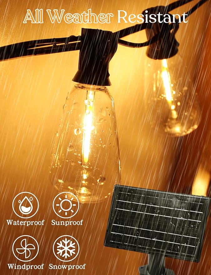 GHUSTAR 150ft Solar Outdoor String Lights with Remote - USB Rechargeable Solar Powered Outdoor Patio Lights - Timer, Dimmable Shatterproof ST38 Bulbs for Backyard, Garden, Pool