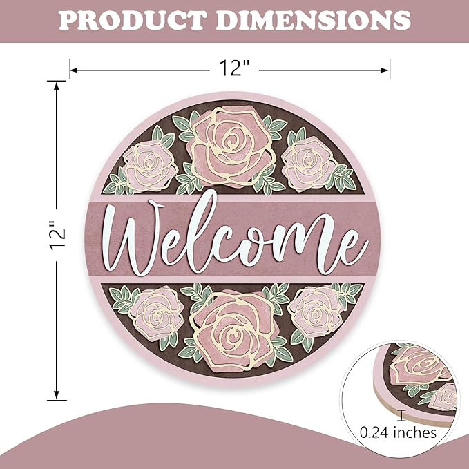 Welcome Pink Rose Flower Front Door Sign, Floral Wood Hanger Outdoor Outside Porch Home Decor, Spring Summer Wooden Wreath Indoor Wall Hanging Decoration