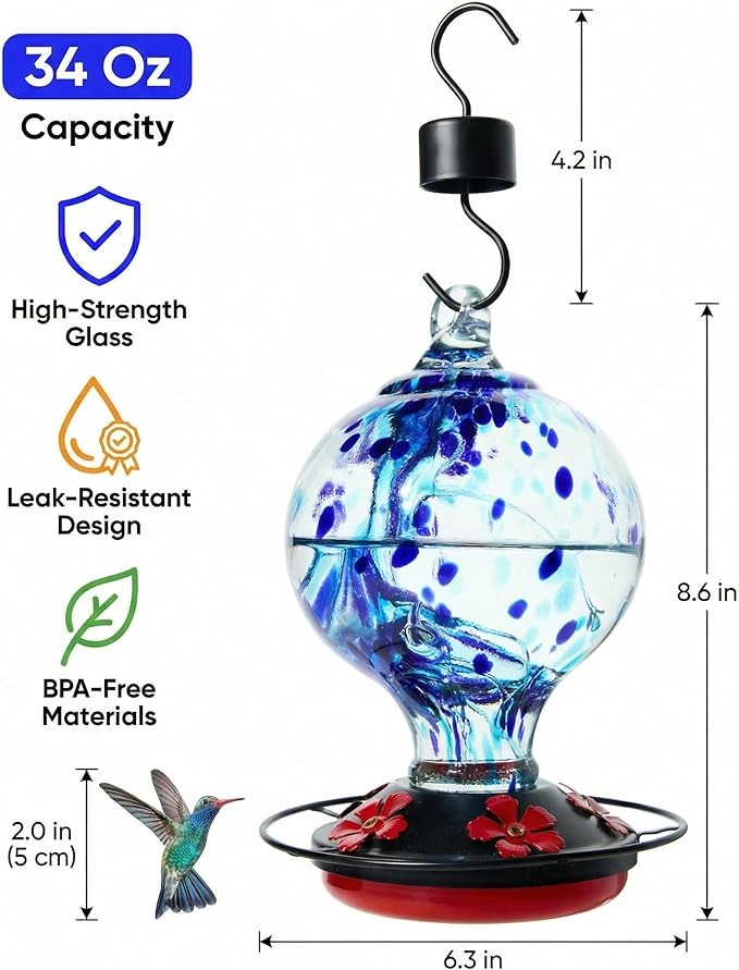 Hummingbird Feeder for Outdoors Hanging, 34 Oz, Handcrafted Gift Inner Glass Décor for Bird Garden Lover, Ant Moat & Bee-Resistant Ports, Hook & Brush Included, Ocean Blue