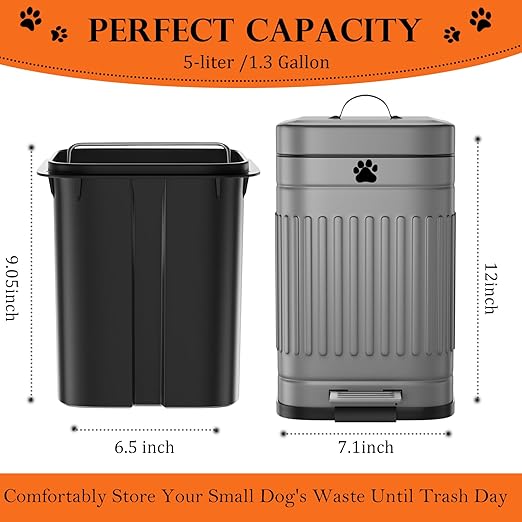 Dog Poop Trash Can Outside, 5L/1.3Gal Metal Dog Waste Trash Can with Lid, Foot Pedal, Pet Waste Container with 40 Bags, Poop Bucket with Lid Soft Close for Pet, Grey