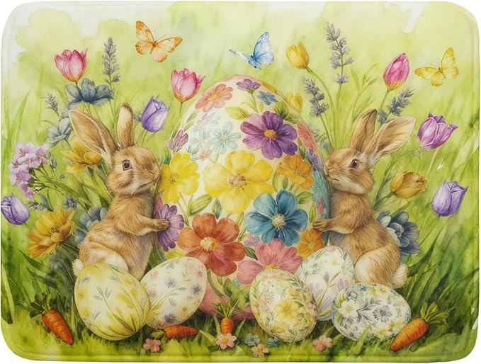 Easter Bunny Dish Drying Mat 18x24 Inch Eggs Floral Green Drying Pad for Kitchen Counter Washable