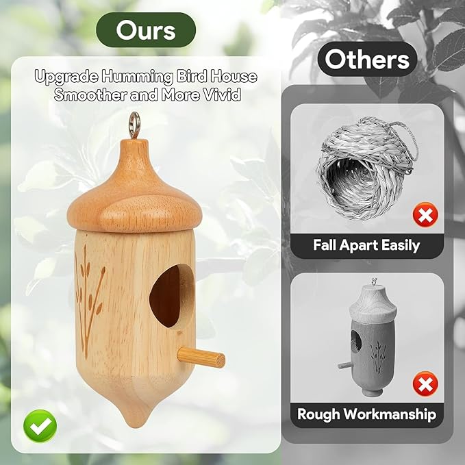 Hummingbird House, Small Wooden Hummingbird House for Outdoors, Cute Bird House with Bow & Hanging String, Garden Decor & Gift