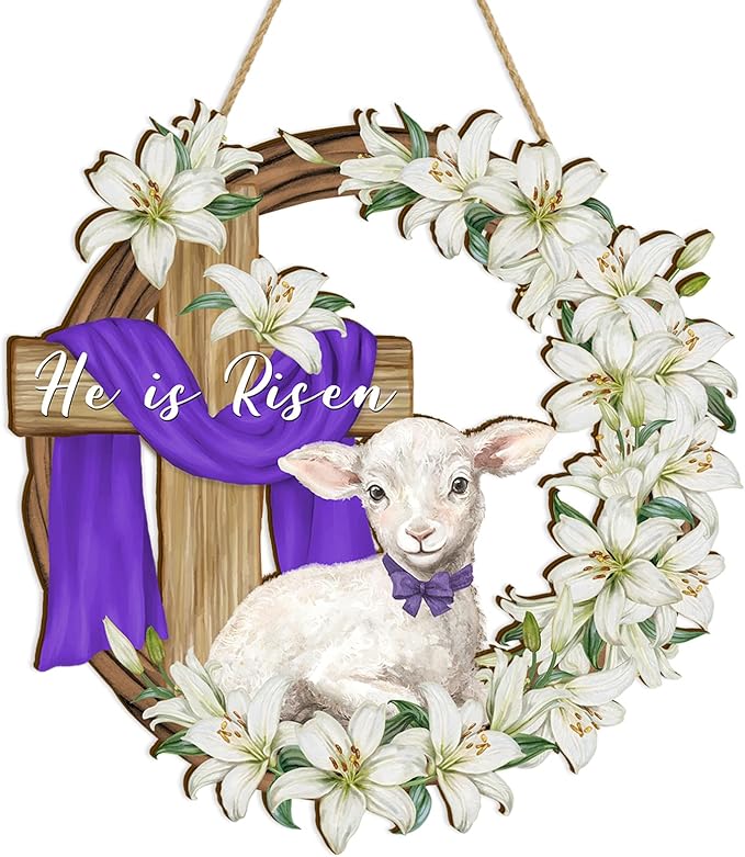 Britimes Easter Welcome Door Sign He is Risen Wooden Hanging Sign Religious Christian Cross Wall Art Spring Front Door Wealth Rustic Farmhouse Hanger for Home Outdoor Garden Decor