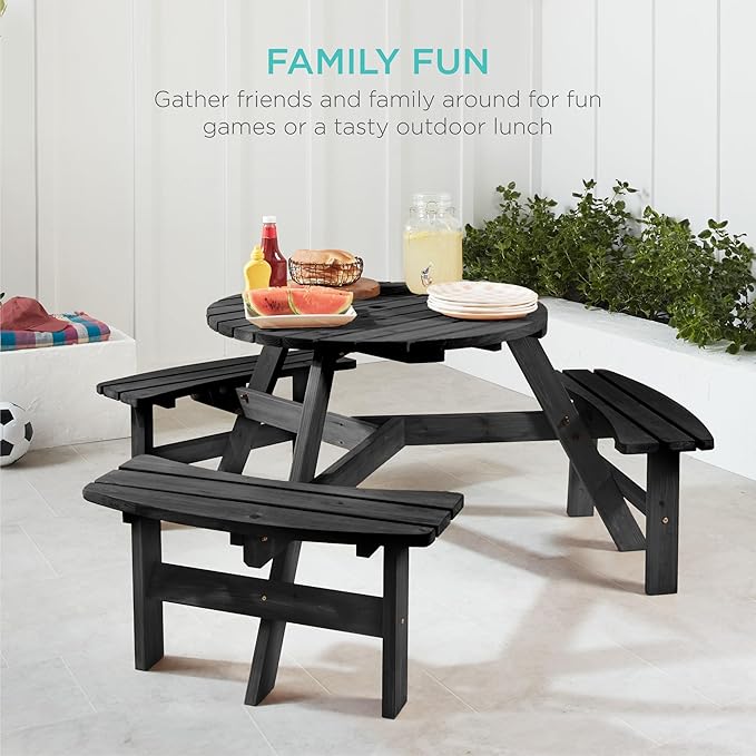 Best Choice Products 6-Person Circular Outdoor Wooden Picnic Table for Patio, Backyard, Garden, DIY w/ 3 Built-in Benches, 500lb Capacity - Black