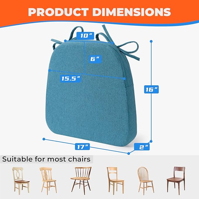 Chair Cushions for Dining Chairs, D-Shaped Seat Cushions with Removable Washable Cover and Ties, Chair Pads for Kitchen, Indoor Dining Room, Patio Chairs, 17'' x 16'', Set of 2, Blue