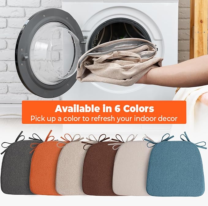Chair Cushions for Dining Chairs, D-Shaped Seat Cushions with Removable Washable Cover and Ties, Chair Pads for Kitchen, Indoor Dining Room, Patio Chairs, 17'' x 16'', Set of 6, Khaki