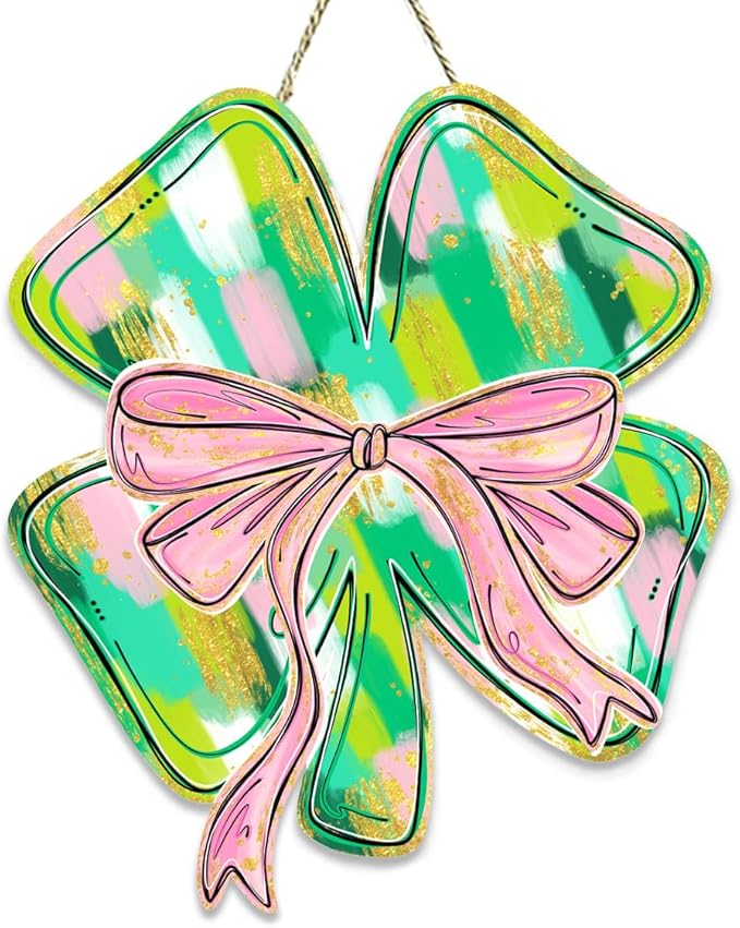 St Patricks Day Door Decorations, St Patricks Day Decorations, Shamrock Door Decoration, Lucky Painted Clover With Bow Wood Hanging Sign for Office Party Porch Yard Outdoor Indoor Home Decor
