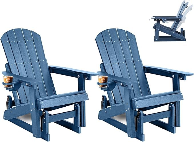 3-Position Adjustable Adirondack Chair with Cup Holder Set of 2, HDPE All-Weather Outdoor Glider Chair, Wood-Grain Fire Pit Chairs for Pool, Yard, Deck (Blue)