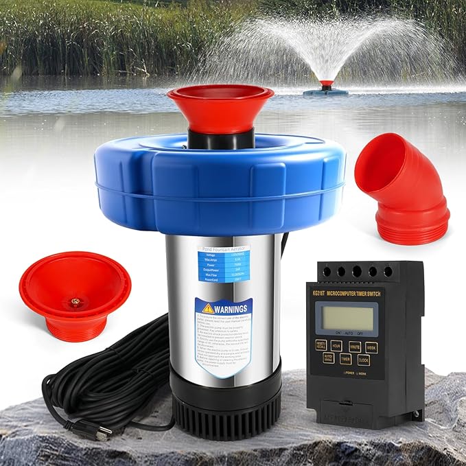 Pond Aerator Fountain, 15000 GPH 1HP 110V 750W Floating Fountain Pump, Fit for Large Small Outdoor Ponds Lakes - with 100 Feet Power Cord & Timer Fully Automatic Stainless Steel Aerator