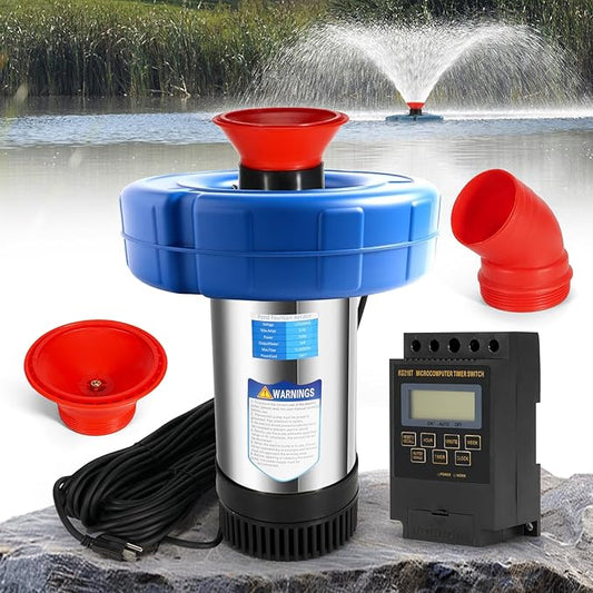 Pond Aerator Fountain, 15000 GPH 1HP 110V 750W Floating Fountain Pump, Fit for Large Small Outdoor Ponds Lakes - with 100 Feet Power Cord & Timer Fully Automatic Stainless Steel Aerator