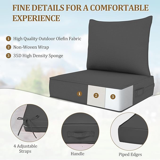 Outdoor Deep Seat Cushion Set, Fade Resistant Patio Chair Cushions, 24x24x6 Inch Patio Sofa Furniture Pad with Removable Cushion Covers (Dark Gray, 24''Lx24''Wx6''H-1pcs Set)