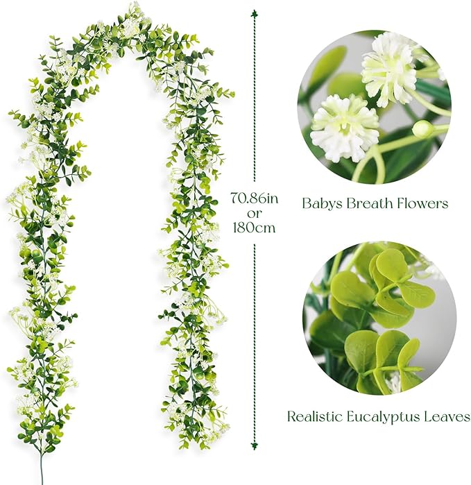 6FT Eucalyptus Garland with Flowers, 6 Pack Artificial Greenery Garland Hanging Spring Eucalyptus Garland Suitable for Table Wedding Backdrop Arch Wall Party UV Protected Indoor Outdoor Decor