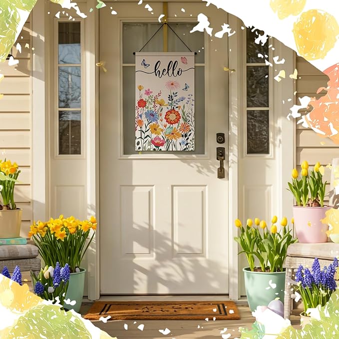 Tegeme 3 Pcs Hello Spring Door Sign Flag Spring Flower Door Banner Holiday Welcome Flag Wall Hanging Decoration for Party Holiday Outdoor Indoor Home