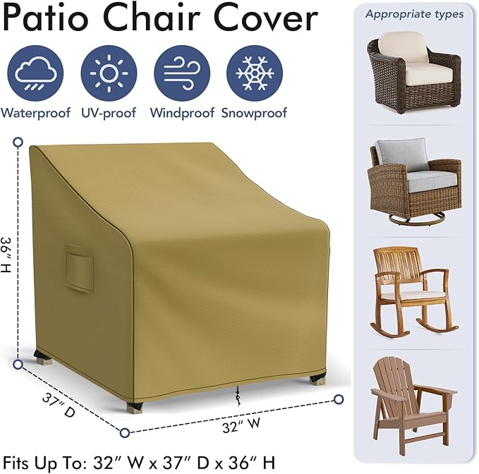 Adirondack Chair Covers Waterproof, Lawn Outdoor Chair Covers 2 Pack, Patio Chair Covers for Outdoor Furniture Fits up to 32W x 37D x 36H inches, Khaki