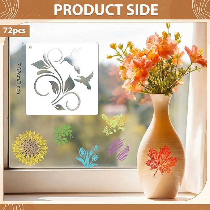 Marspark 72 Pcs Spring Easter Small Stencils for Crafts Reusable 3 Inch Stencils for Painting on Wood DIY Craft Paint Template for Wall Home Decor Card Rock Canvas Drawing Holiday (Flower Plants)