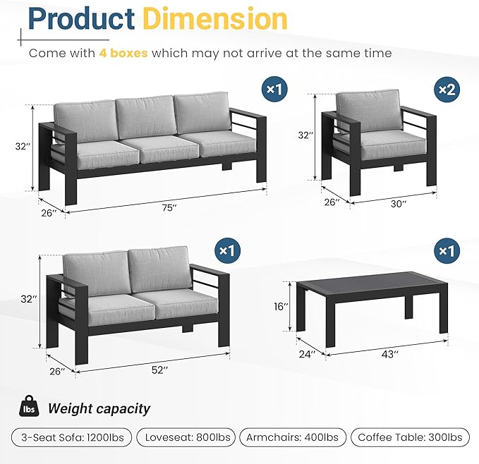 Wisteria Lane Aluminum Patio Furniture Set for All Weather, Oversized Metal Outdoor Furniture Set with 27.5" Deep Seat and Thick Back Cushion, Patio Conversation Sets with Wide armrest, Light Gray