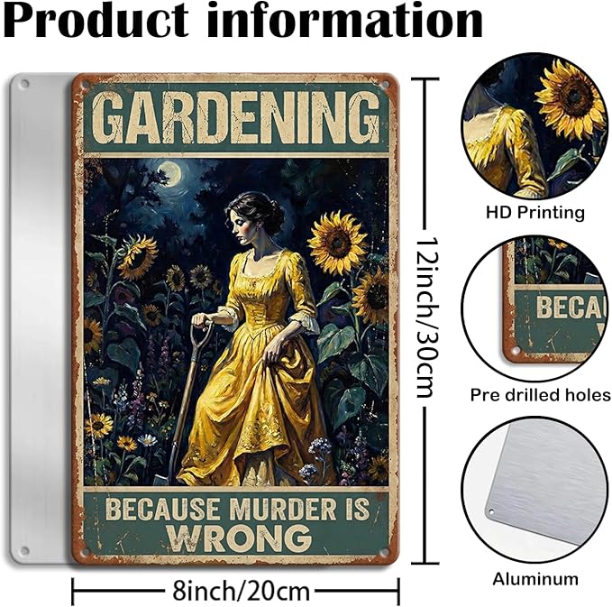 Funny Gardening Tin Sign - "Gardening Because Murder Is Wrong" Vintage Aluminum Wall Art - 8x12 Inch Garden Decor - Metal Sign Humorous Gift for Shed, Women, Mom, Gardeners, Housewarming