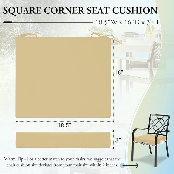 Wellsin Outdoor Chair Cushions for Patio Furniture, 3-Year Color Fastness Patio Chair Cushions Set of 4, Water Resistant Square Corner Outdoor Seat Cushions 18.5"X16"X3", Khaki