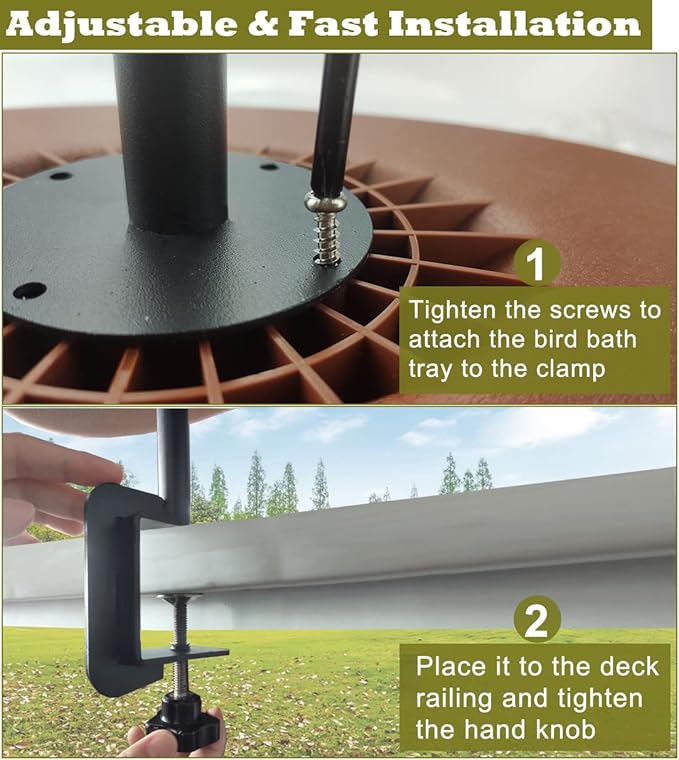 Garbuildman Deck Mounted Bird Bath Bowl Spa Birdfeeder & Adjustable Unheated Birdbath with Heavy Duty Clamp for Outdoor Garden, Oval Style, Brown