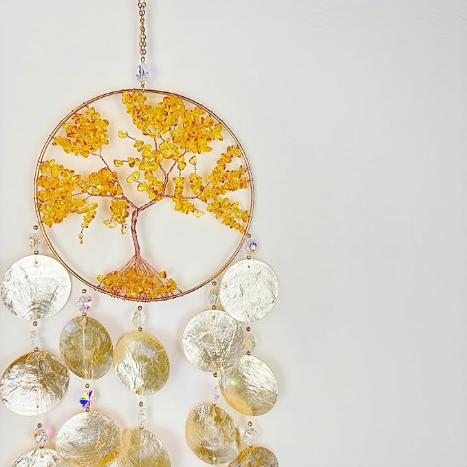 Gold Crystal Tree of Life Dream Catcher Suncatcher Capiz Shell Wind Chime Seashell Ceiling Cottage Core Decor Unique Indoor Outdoor Handmade for Women