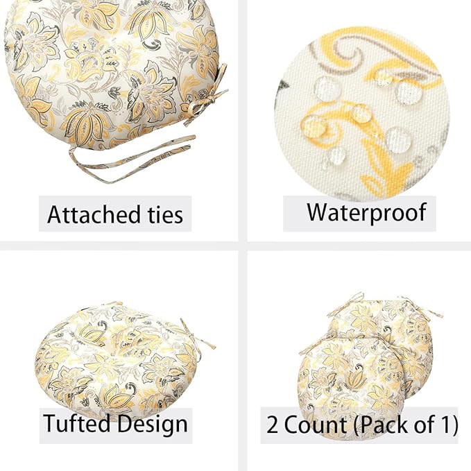 Bistro Chair Cushions 15 inch,Set of 2,Tufted Round Chair Cushions with Ties,15"x15"x4",Water Resistant Round Seat Cushion for Barstool Chairs,Patio Garden Kitchen Outdoor Furniture(Yellow Flower)