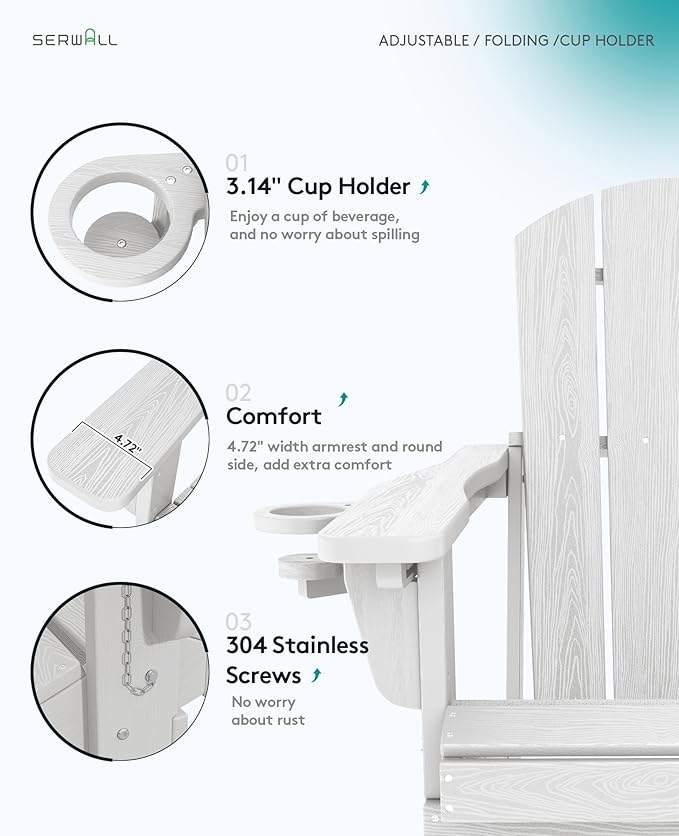SERWALL Folding Adirondack Chair Set of 2, Reclining Adirondack Chair with 3 Recline Positions, All Weather HDPE Outdoor Adirondack, White