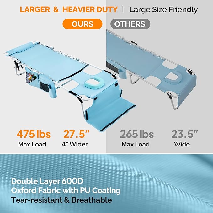 Bonnlo Oversized Folding Tanning Chair with Face Hole & Carrying Bag,Beach Lounge Chair Outdoor for Adults, Portable Sunbathing Recliner,Laying Out Chairs for Tanning Lounger Outside,Supports 265 lbs