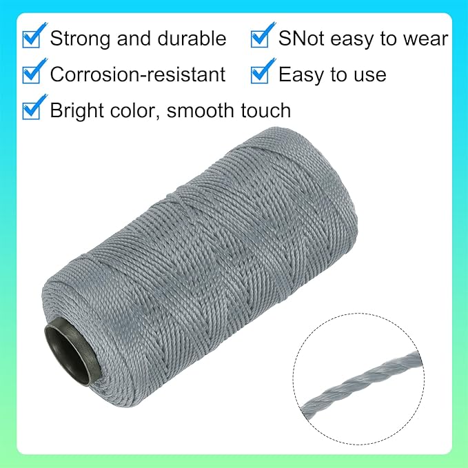 MECCANIXITY Nylon String 3 Strands Twisted Mason Line 1.5mm x 218 Yards Nylon Twine String for DIY Projects, Home Improvement, Gardening, Gift Wrapping, Christmas Party Supplies, Grey