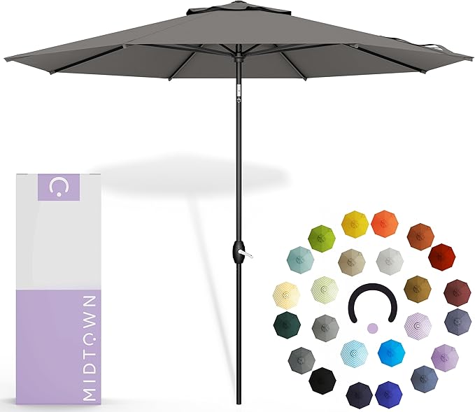 Midtown Umbrellas 10-Year-No-Fade - 9 Ft - UV Proof Charcoal Grey Polyester Fabric - Umbrella Outdoor Patio, Auto-Tilt Aluminum Frame Patio Umbrella for Garden, Pool & Deck - Black Pole