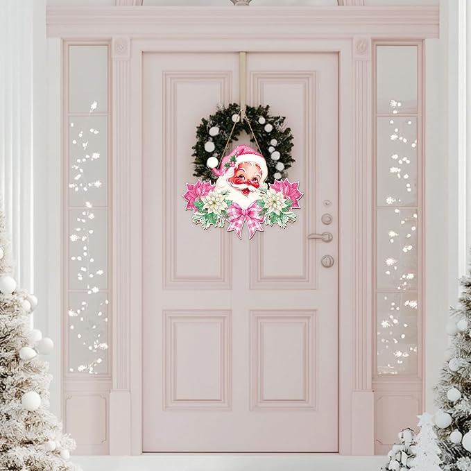 Whaline Christmas Wooden Hanging Sign Pink Xmas Santa Flower Welcome Wood Sign Vintage Santa Door Decor Signs for Indoor Outdoor Porch Wall