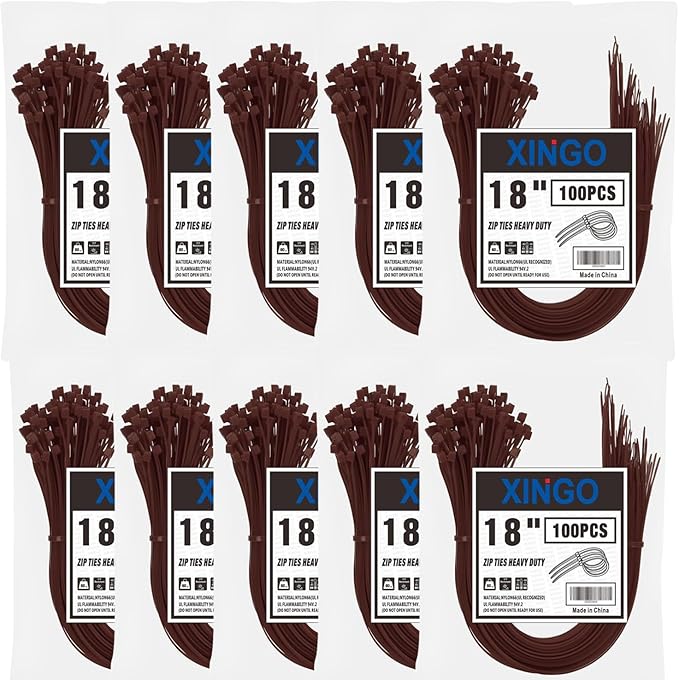 XINGO 1000PCS 18 Inch Brown Zip Ties Heavy Duty, 60lb Tensile Strength, UV Resistant Cable Ties for indoor and outdoor use